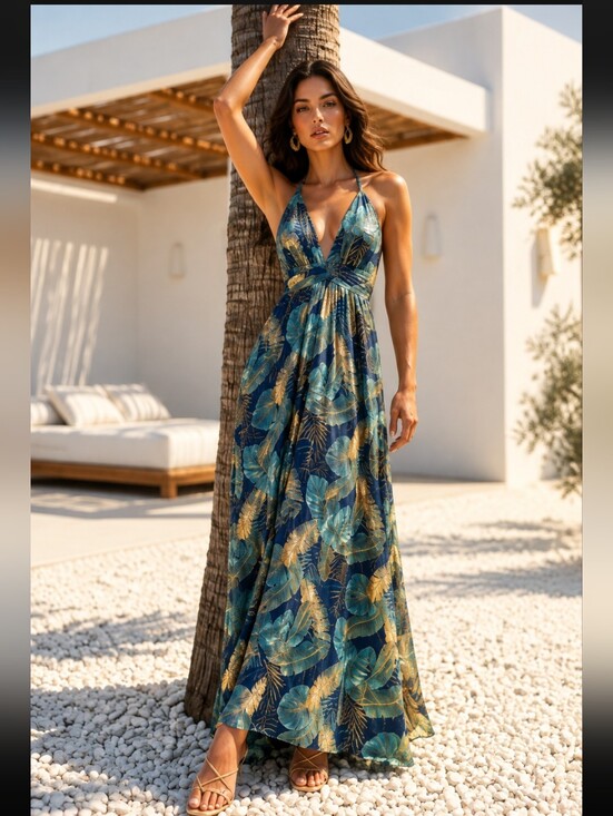 SHEIN Dresses & Skirts - SHEIN Blue and Green Plunge Neck Sleeveless Maxi Sundress Size 1XL